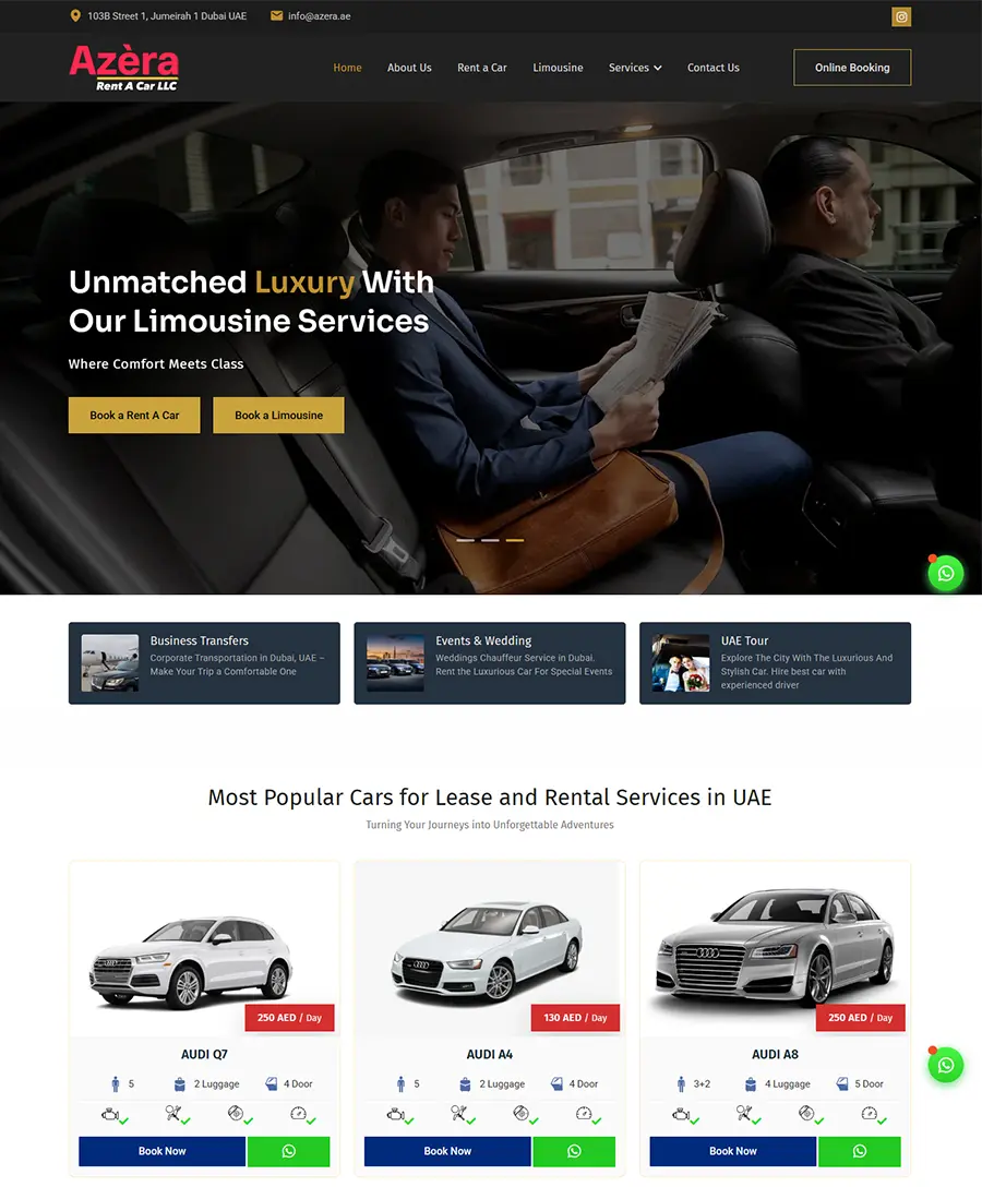 Azera Rent A Car website — Orange Dice UAE